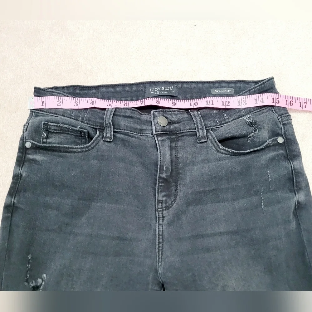 Judy Blue Skinny Fit Jeans Size 9/29 Black Distressed Red Plaid Patches Stretch - Picture 5 of 12